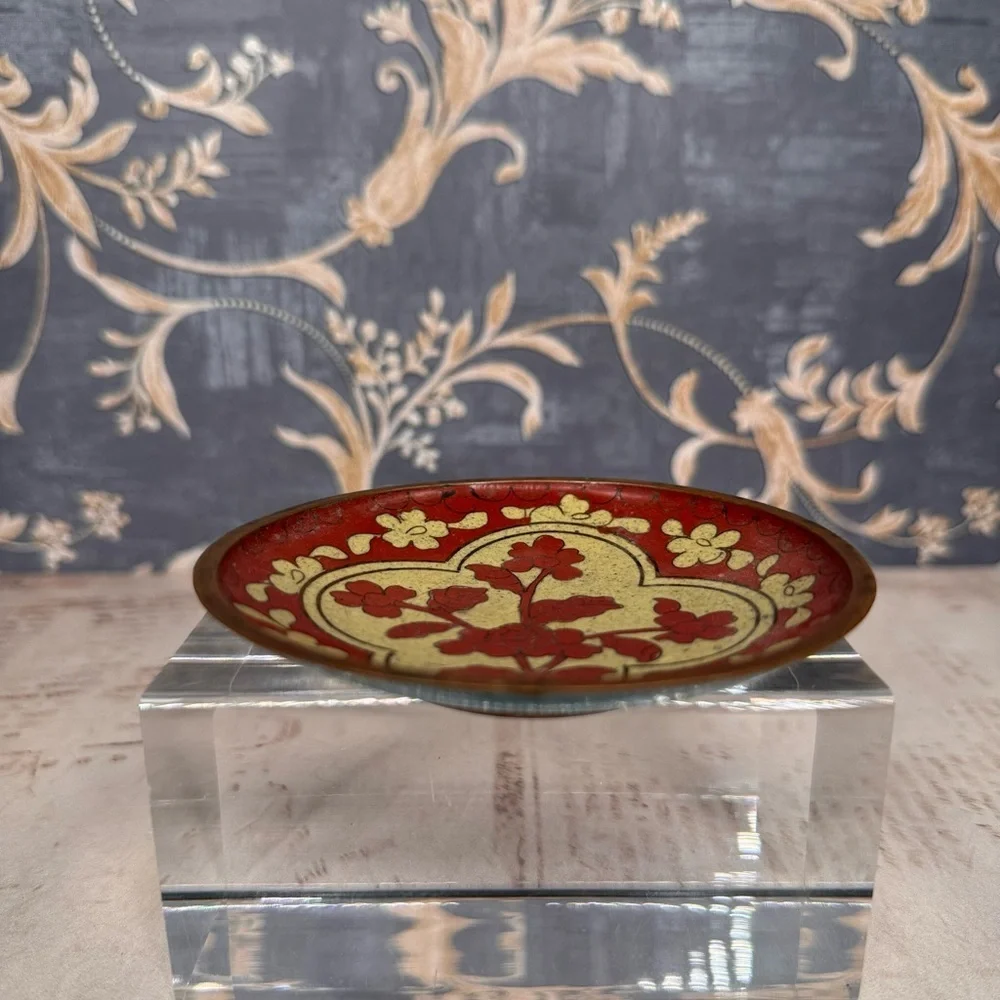 Vintage Chinese Cloisonne Brass Enamel Floral Trinket Dish Marked China